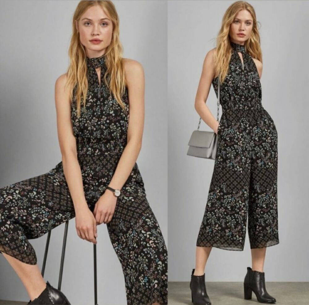 Ted Baker Marcila Hazel Floral High Neck Wide Leg Jumpsuit Black sz 1 US 2 NWT